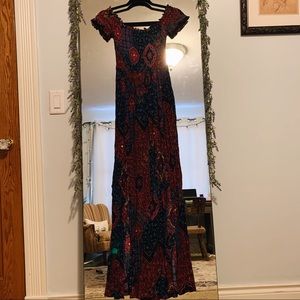 Boho Floral Smocked Maxi Dress Size XS